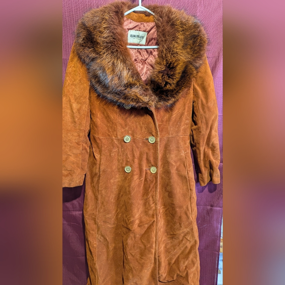 Elegant burnt Orange / Terracotta Long Suede / Leather Fur Collar Coat